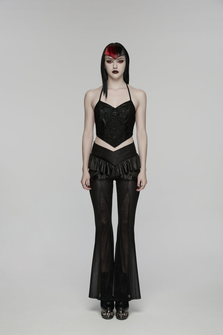 Black Ruffled Women's GothicRuffled Cobweb Pattern Flared Pants