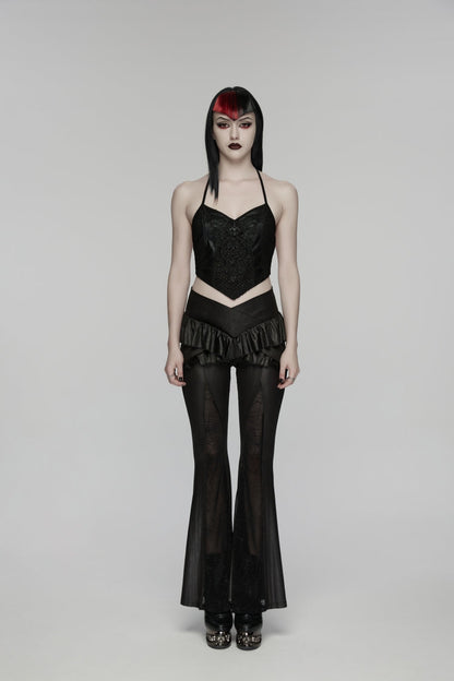 Black Ruffled Women's GothicRuffled Cobweb Pattern Flared Pants