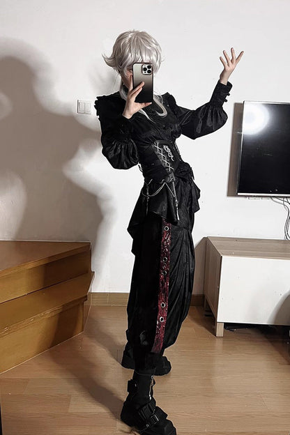 Black [Bone Dragon] Print Zipper Lace-Up Ouji Fashion Classic Lolita Waistband
