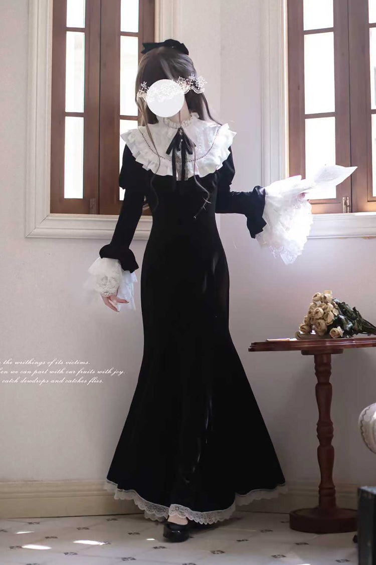 Black [Raven-Feather Poetic Letter] Velvet Long Hime Sleeves Ruffle Bowknot Gothic Elegant Lolita Fishtail Dress