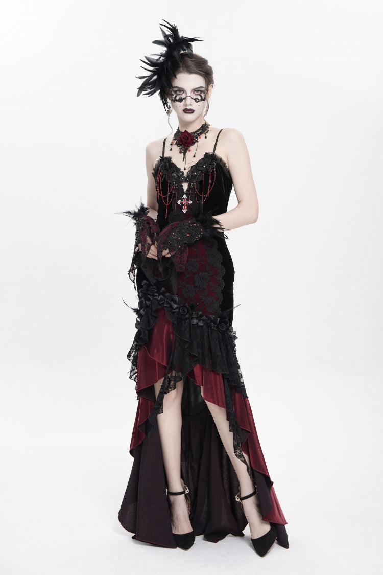 Black/Red Sleeveless Cross Ruffled Floral Embroidered Chain-Decorated Women's Gothic Long Slip Dress