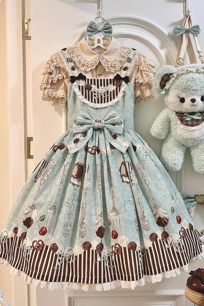 Blue/Green Sleeveless Print Bowknot Sweet Plus Size Lolita Jsk Dress