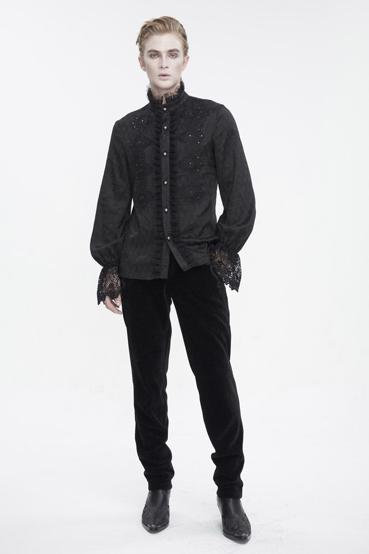 Black Stand Collar Puff Sleeved Lace Splice Men's Gothic Shirt