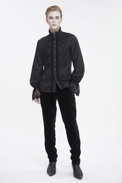 Black Stand Collar Puff Sleeved Lace Splice Men's Gothic Shirt