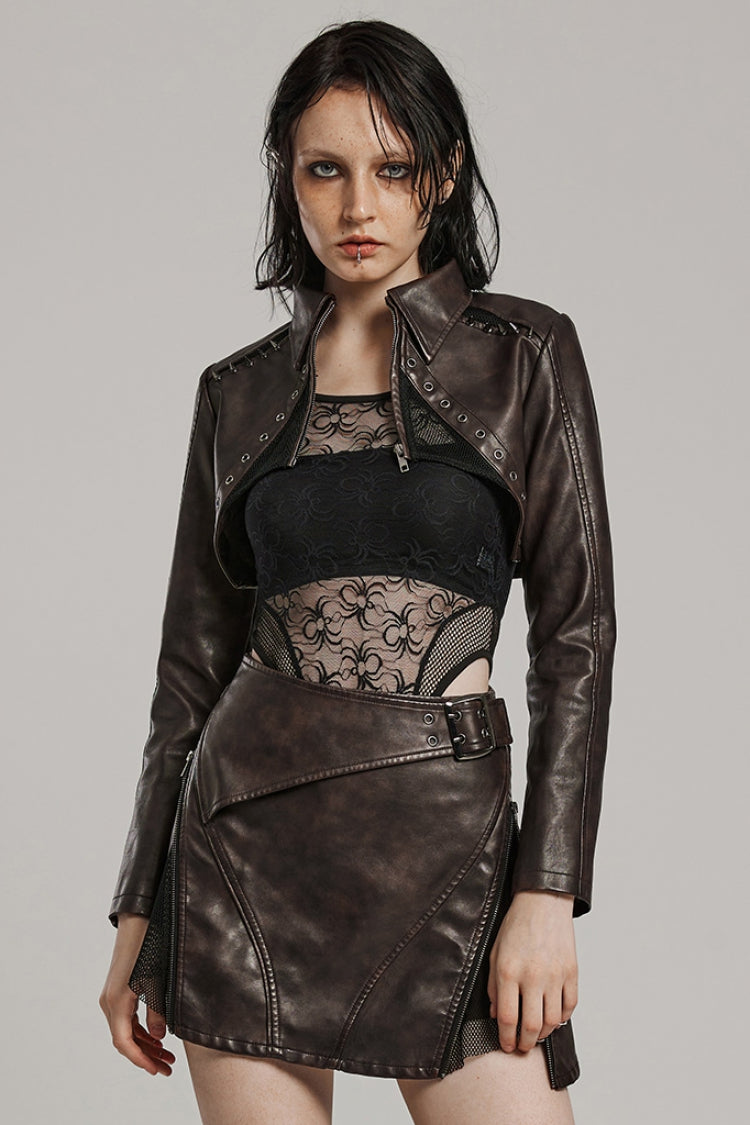 Brown Lapel Collar Long Sleeves Stitching Women's Faux Leather Punk Short Jacket