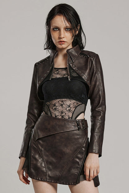 Brown Lapel Collar Long Sleeves Stitching Women's Faux Leather Punk Short Jacket