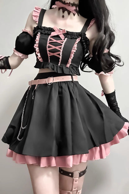 Black/Pink Tie Bow Gothic Sweet Lolita Strapless Skirt Dress 2 Pieces Set