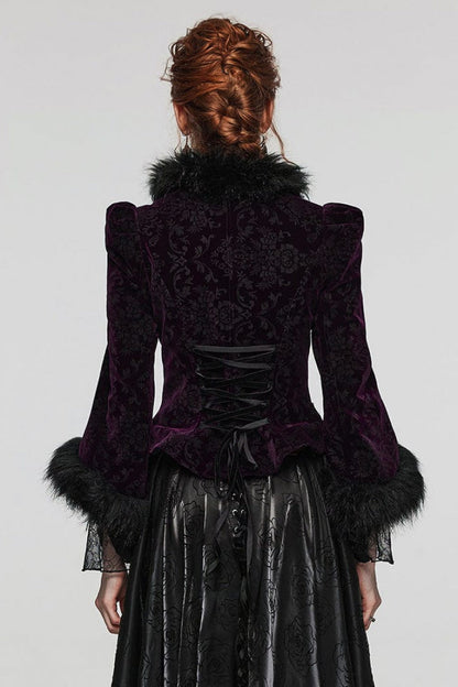 Women's V Collar Long Sleeves Faux Fur Stitching Gothic Coat 4 Colors