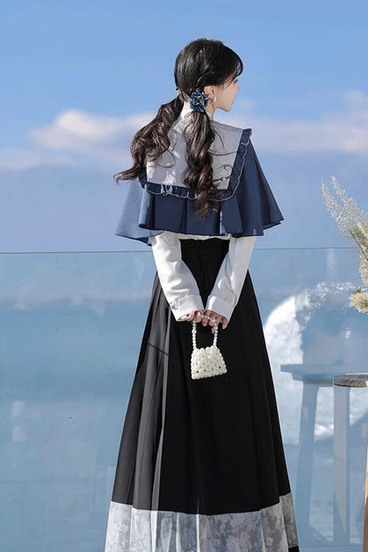 Black/Blue Round Collar Long Sleeves Print Slim Women's Classic Hanfu Dress Three-piece Set