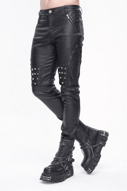 Black Studded Lace Up Leather Men's Punk Pants