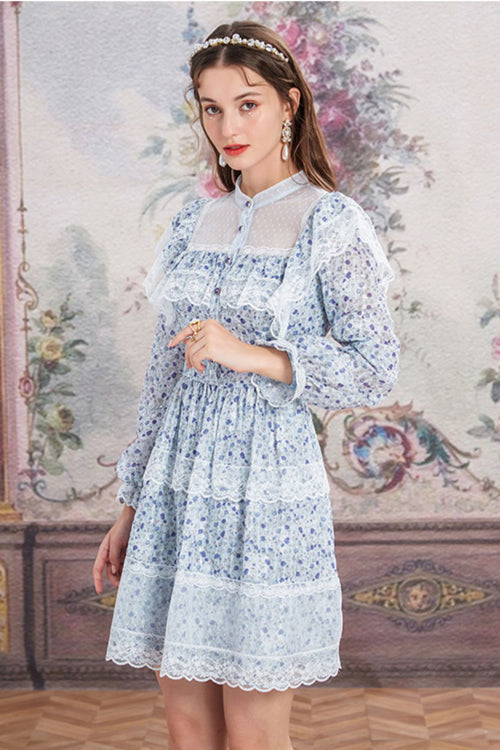 Blue Chiffon Stand Collar French Lace Floral Embroidered Trumpet Long Sleeves Ruffled Sweet Lolita OP Dress