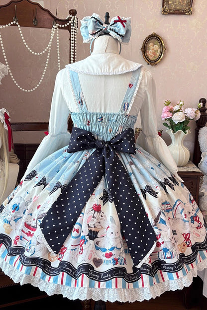 Blue [Mystery Rabbit Tea Party] Sleeveless Print Ruffle Bowknot Lace Sweet Lolita Jsk Dress