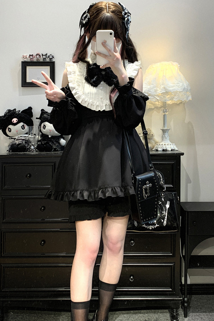 Black/White [Rose Princess] Off Shoulder Long Sleeves Ruffle Bowknot Gothic Jirai Kei Dress