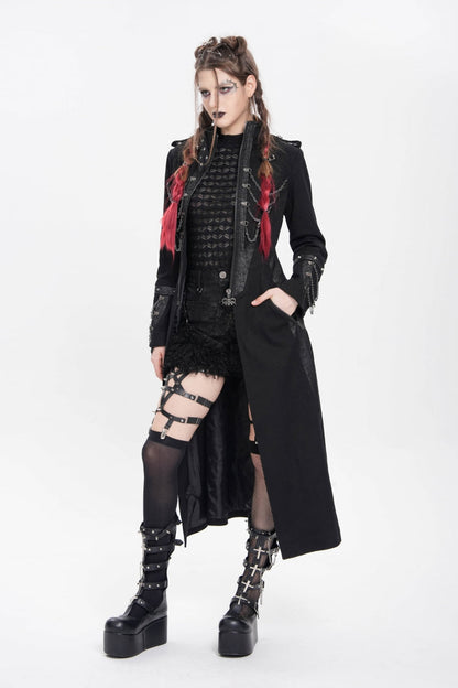 Black Stand Collar Long Sleeves Buckle Chain Women's Punk Jacket