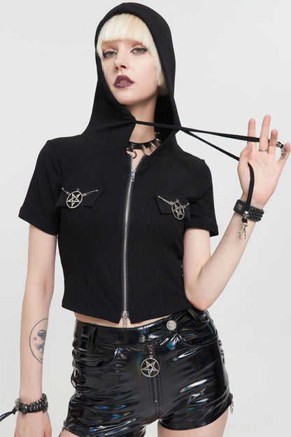 Black Punk Front Metal Zipper Pentagram On Both Sides Hooded Women's T-Shirt