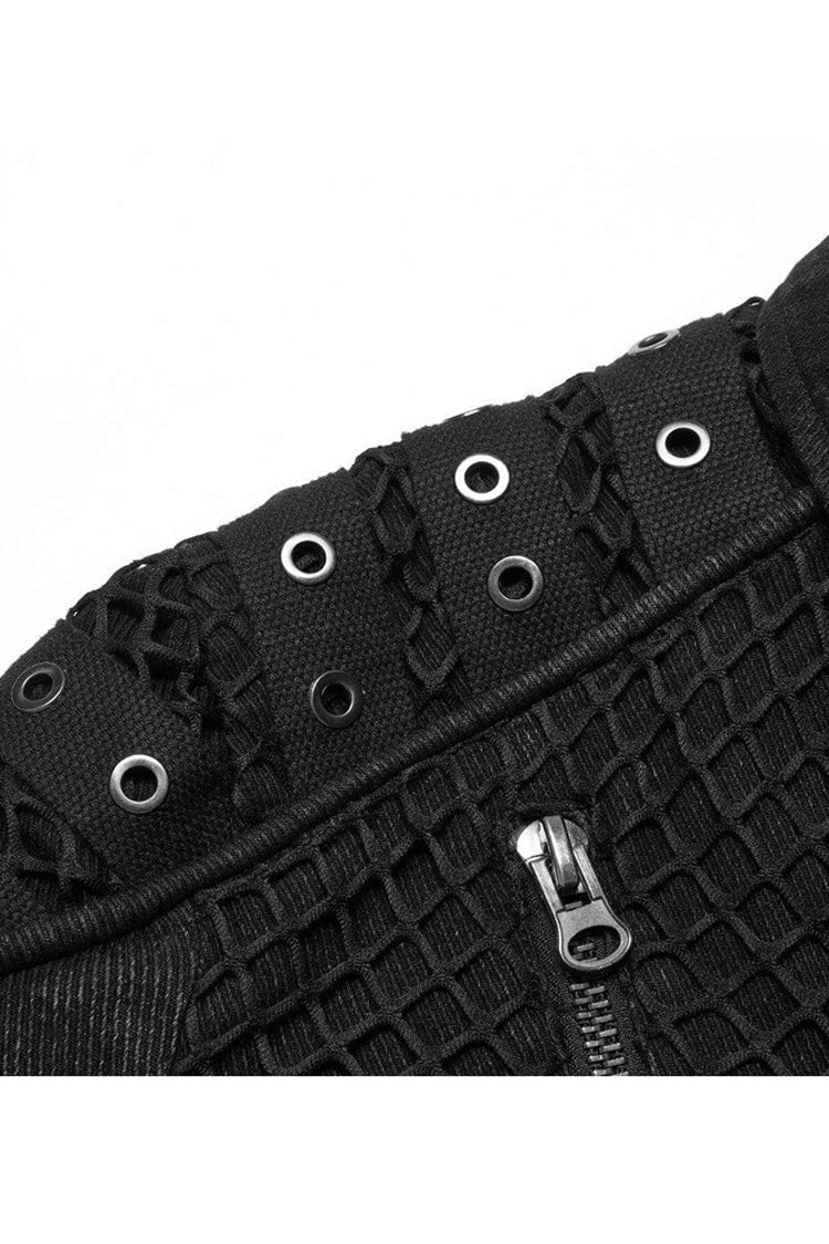 Black Punk Washed Aged Texture Rough Grain Splicing Mesh Metal Buttonholes Zipper Trim Long Sleeve Men's Coat