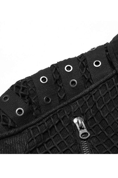 Black Punk Washed Aged Texture Rough Grain Splicing Mesh Metal Buttonholes Zipper Trim Long Sleeve Men's Coat