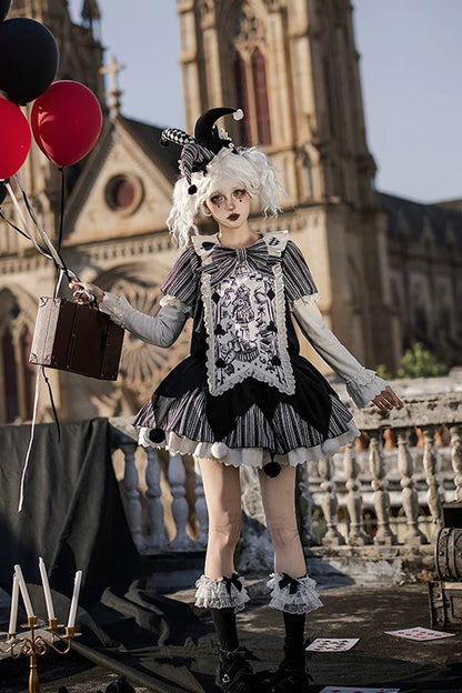 Black [Letters and Poems · Doll Mask] Poker Clown Long Sleeves Ruffled Bow Gothic Lolita Dress Set