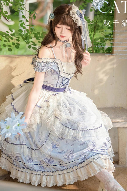 Blue [Swing Cat] Print Ruffle Bowknot Lace Sweet Elegant Lolita Jsk Dress