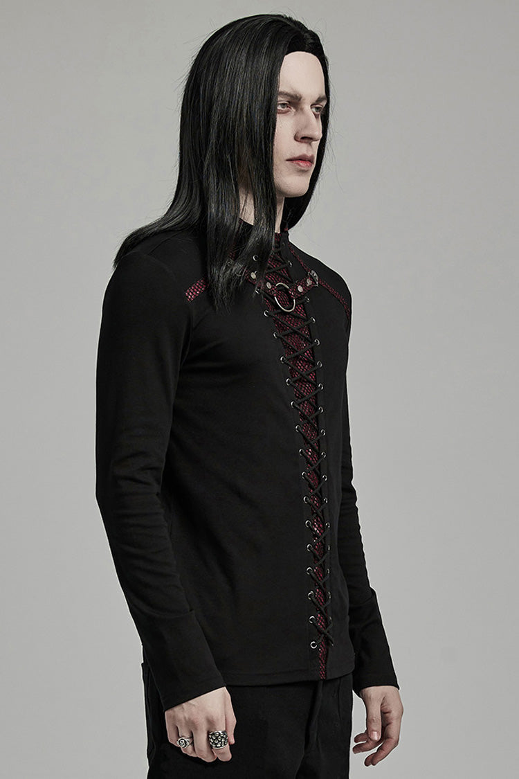 Black/Red Long Sleeves Stitching Lace-Up Ripped Men's Punk Blouse