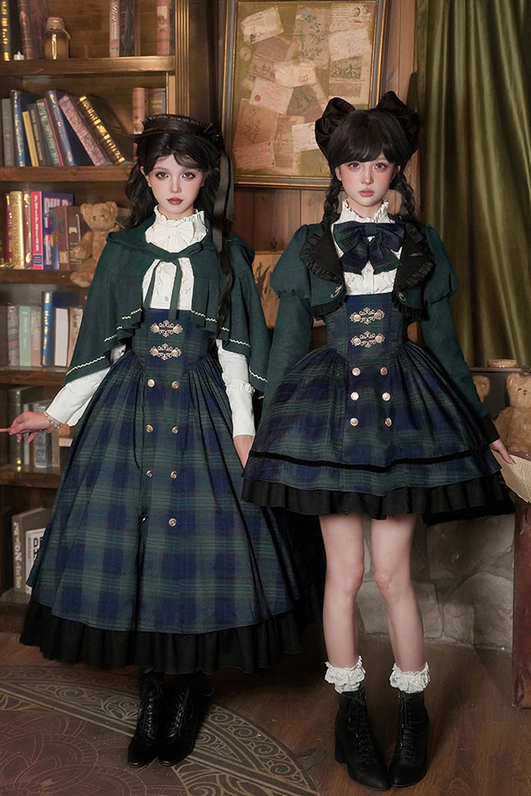 Blue/Green [Berlin's letter] Double-Layered Plaid Print Ruffle Bowknot Classic College Style Lolita Strap Dress Set 2 Versions