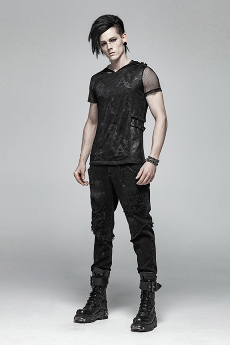 Black Ripped Men's Steampunk Straight-Leg Jeans Pants