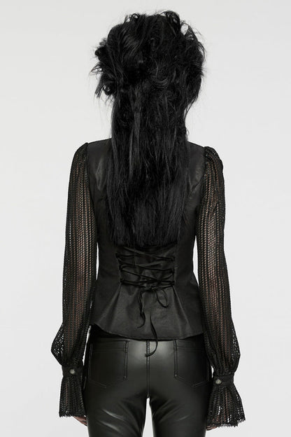 Black Stand Collar Stitching Mesh Women's Punk Blouse
