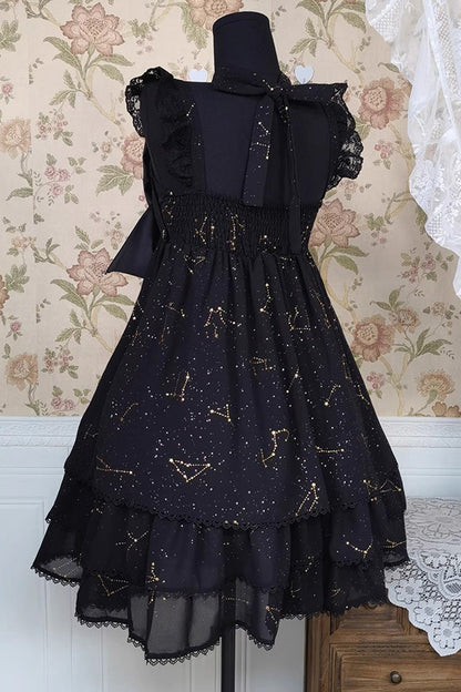Black Triple-Layered Ruffle Hot Stamping Bowknot Classic Gothic Princess Lolita Jsk Dress