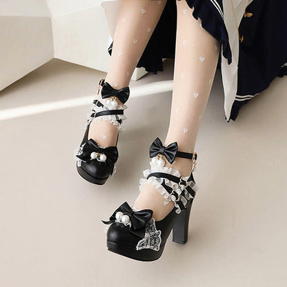 Sweet Ruffled Bow Lace Pearl-Decorated Lolita High Heels 6 Colors