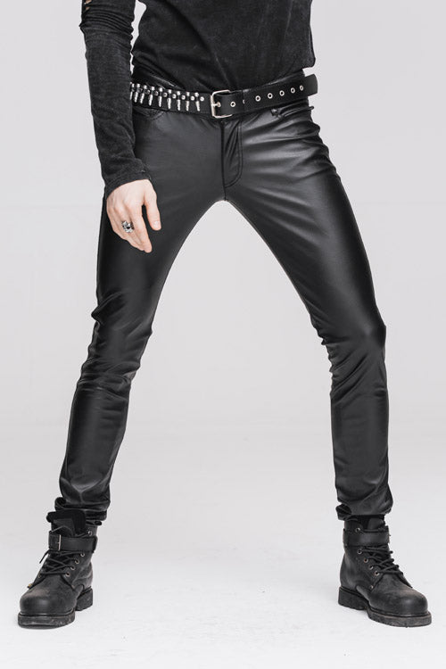 Black Wear Synthetic Leather Basic Model Punk Tight Mens Pants