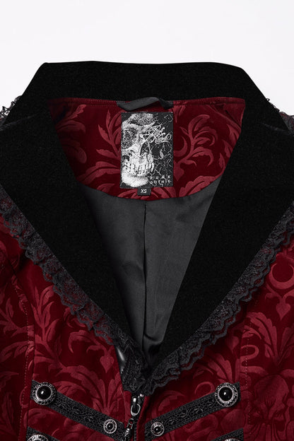 Red/Black Lapel Collar Long Sleeves Lace-Up Zipper Women's Punk Coat