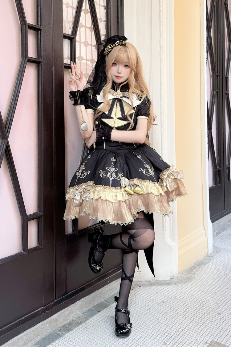 Black [Gilded Oath] Short Sleeves Double-Layered Ruffle Embroidery Bowknot Gothic Lolita Dress