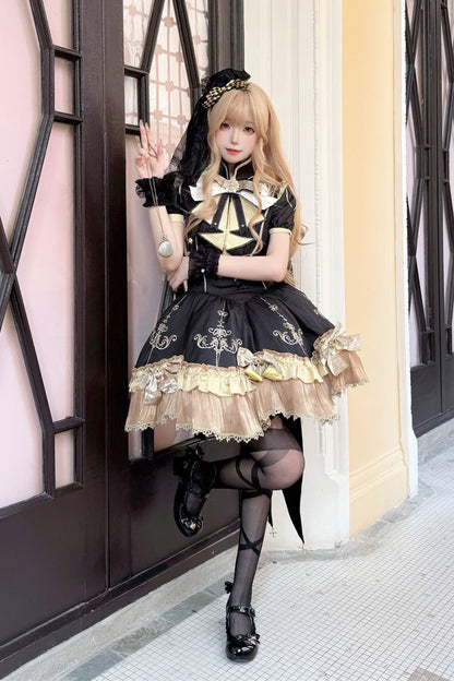 Black [Gilded Oath] Short Sleeves Double-Layered Ruffle Embroidery Bowknot Gothic Lolita Dress