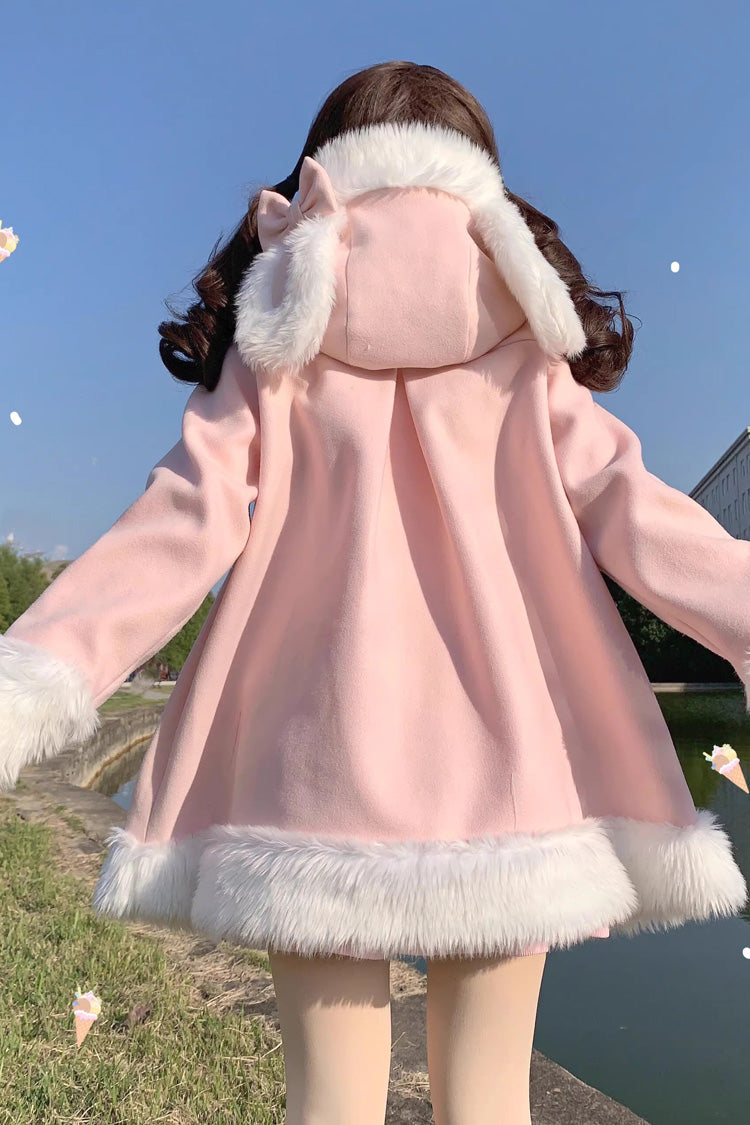 Pink Woolen Rabbit Ears Single-breasted Bowknot Sweet Princess Lolita Coat