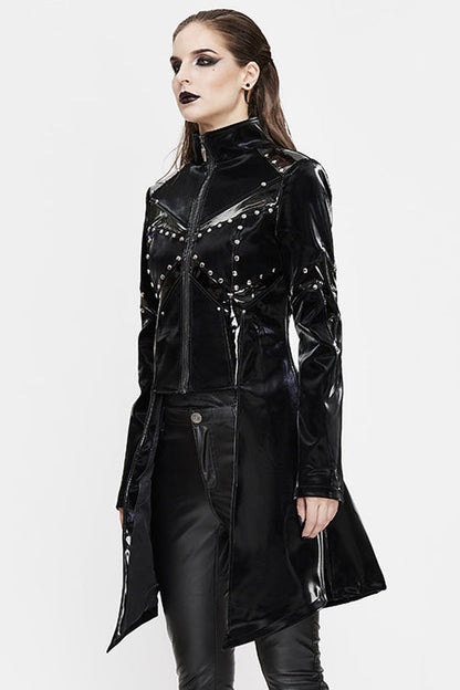 Black Rivet Bright Leather Zipper Long Womens Punk Coat