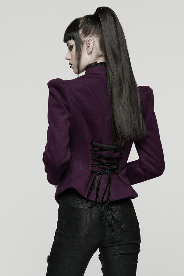 Purple Stand Collar Long Sleeves Embroidered Lace-Up Zippered Women's Gothic Jacket