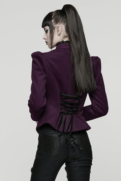 Purple Stand Collar Long Sleeves Embroidered Lace-Up Zippered Women's Gothic Jacket