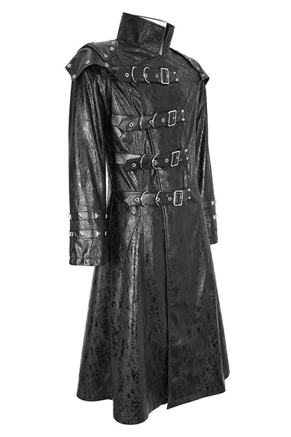 Black Stand Collar Multi Buckle Faux Long Leather Men's Punk Coat