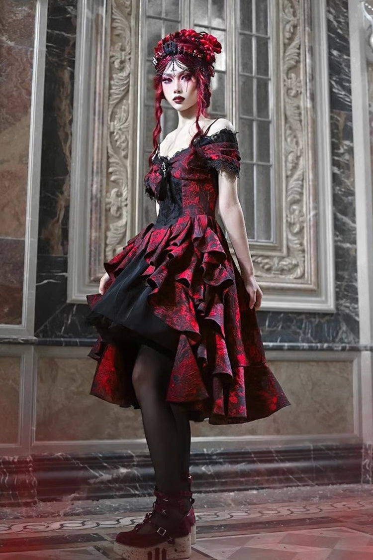Black/Red Feast in Hades Short Sleeves Print Ruffle Cardigan Gothic Lolita Dress