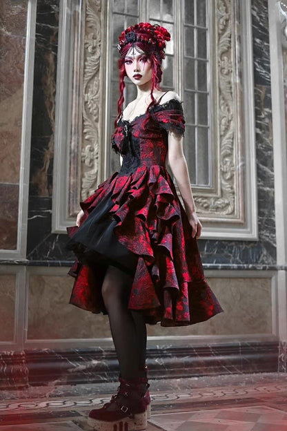 Black/Red Feast in Hades Short Sleeves Print Ruffle Cardigan Gothic Lolita Dress