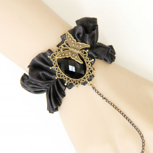 Black Retro Fashion Silk Cloth Gemstone Butterfly Design Female Gothic Lolita Ring Bracelet