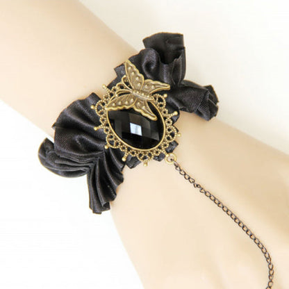 Black Retro Fashion Silk Cloth Gemstone Butterfly Design Female Gothic Lolita Ring Bracelet