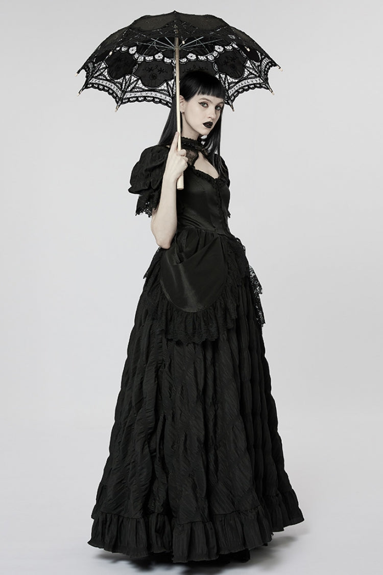 Black Short Puff Sleeves Ruffle Hanayome Stitching Lace Women's Gothic Dress