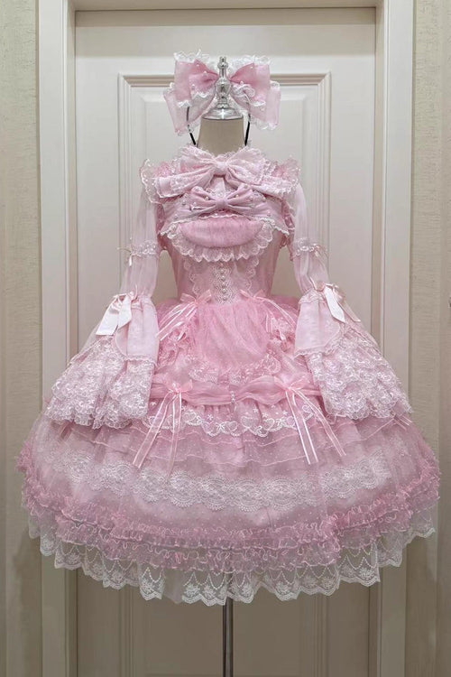 Pink [Sugar Heart Knot] Multi-Layered Ruffled Bow Lace Sweet Lolita Jsk Dress