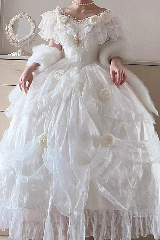 White Tana Manor Rose Flower Long Sleeves Ruffle Bowknot Elegant Sweet Princess Lolita Strapless Dress