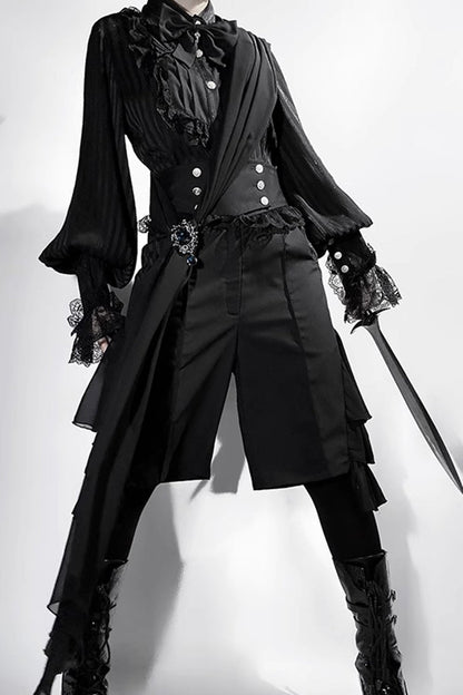 Black [Eternal City] Long Sleeves Lace Gothic Prince Medieval Ouji Lolita Blouse Knee-Length Shorts Set