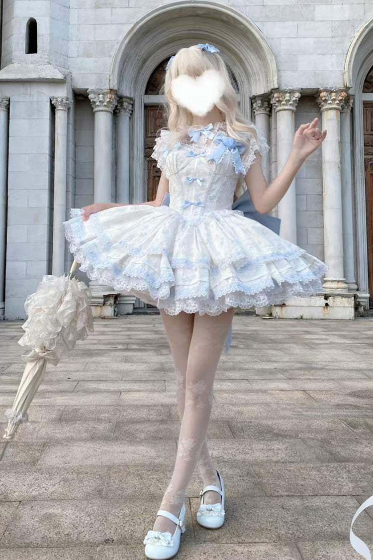 Blue [First Love Rose] Multi-Layered Print Ruffle Bowknot Lace Sweet Lolita Jsk Dress Set