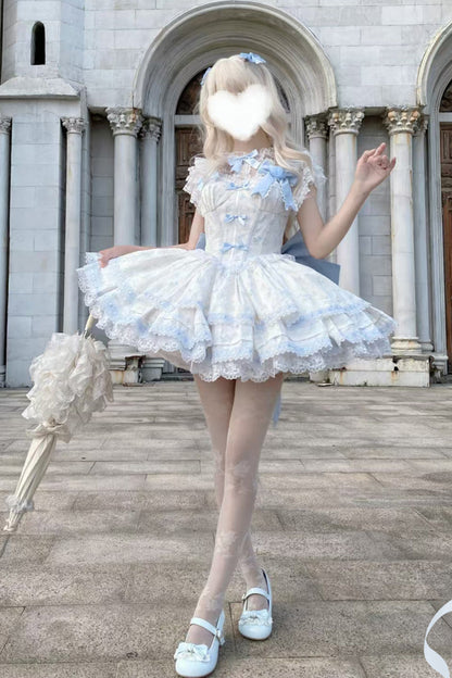 Blue [First Love Rose] Multi-Layered Print Ruffle Bowknot Lace Sweet Lolita Jsk Dress Set