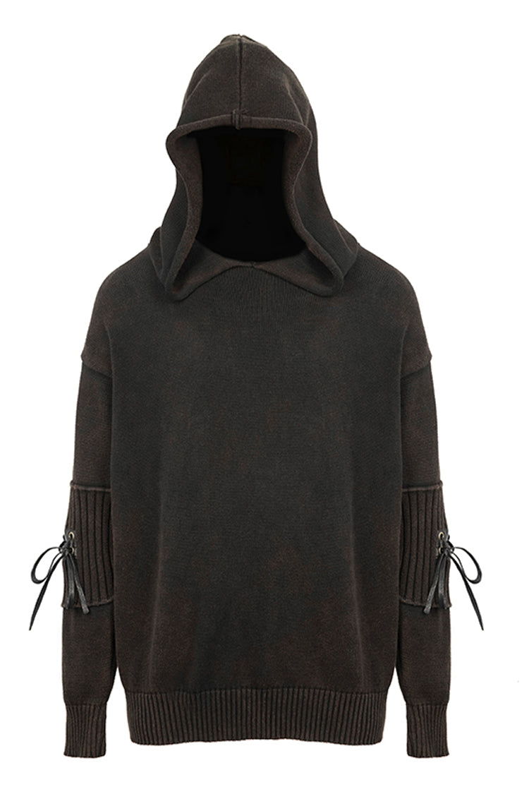 Brown Worn-Out Long Sleeve Elbow Leather Strip Lace-Up Hooded Coarse Knit Men's Punk Sweater