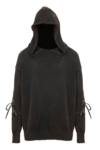 Brown Worn-Out Long Sleeve Elbow Leather Strip Lace-Up Hooded Coarse Knit Men's Punk Sweater
